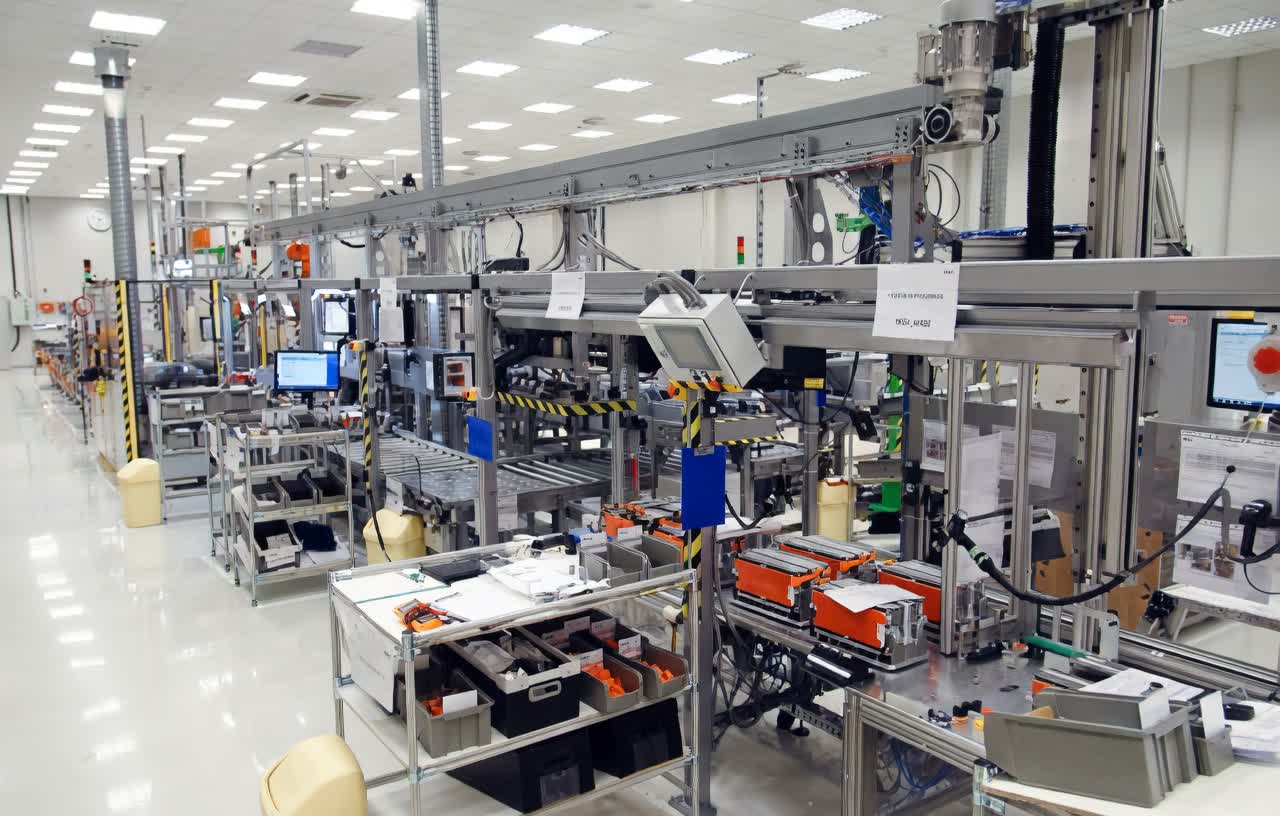 Battery module assembling station with robotic cell stacking and alignment