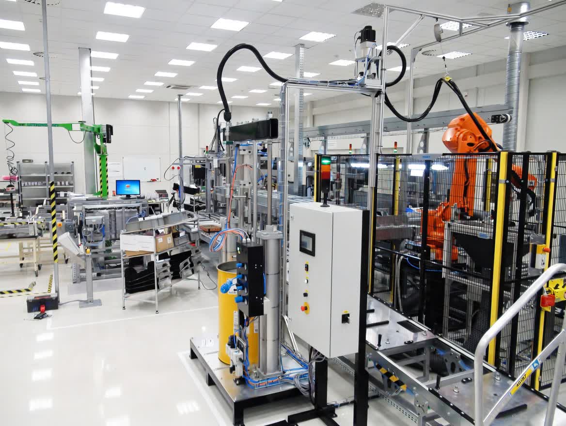 Complex multi-station assembling line with integrated conveyor and robotics