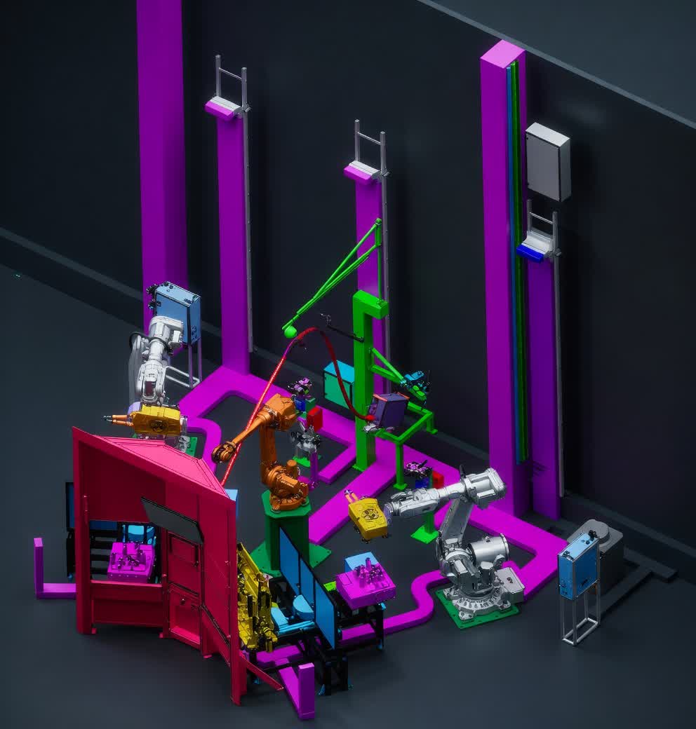 Welding cell 3D design visualization with robot paths and safety zones