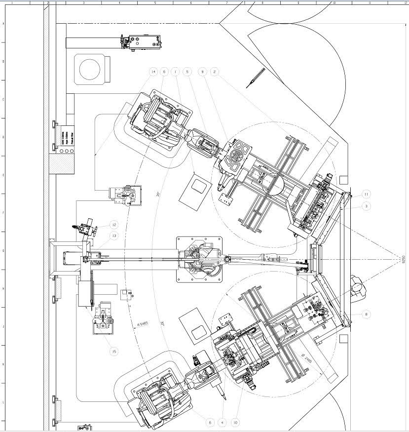 Welding cell layout design showing material flow and operator access points